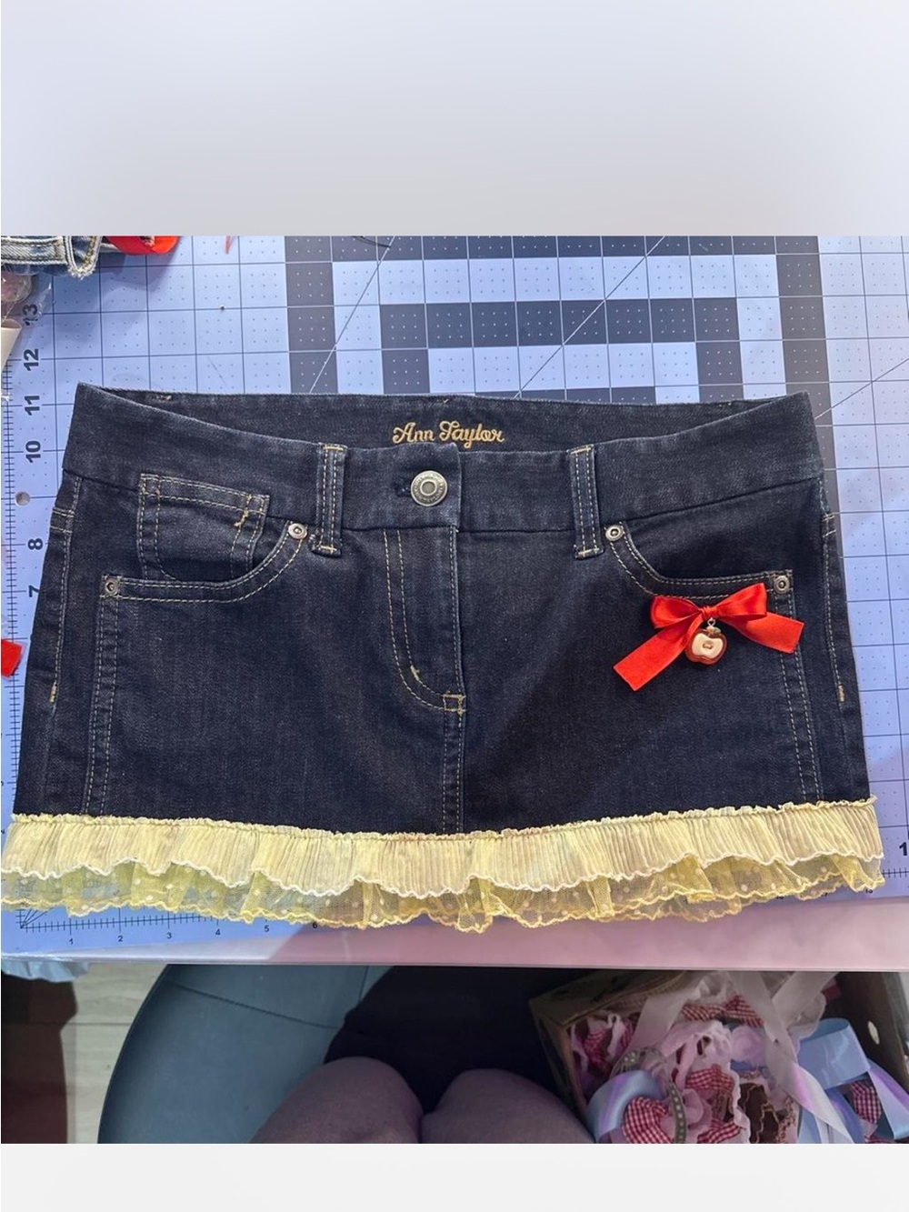 OOAK reworked Dark Blue Denim Mini Skirt with Red Bow and Yellow Lace